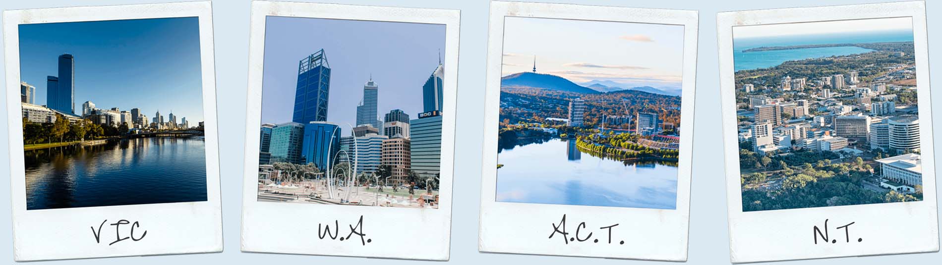 Four labeled Polaroid photos show cityscapes: Victoria with a river, Western Australia with skyscrapers, ACT with a lake, and NT with coastal buildings.