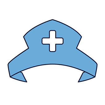Blue nurse's cap icon with a white cross at the center, conveying healthcare and medical themes. The design is simple and flat.