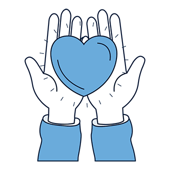 Two open hands gently cradle a blue heart, symbolizing care and support. The illustration is simple, conveying warmth and compassion.