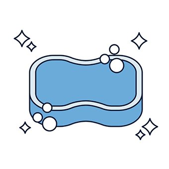 Illustration of a blue cleaning sponge with bubbles and sparkles around it, suggesting cleanliness and freshness. The tone is simple and clean.