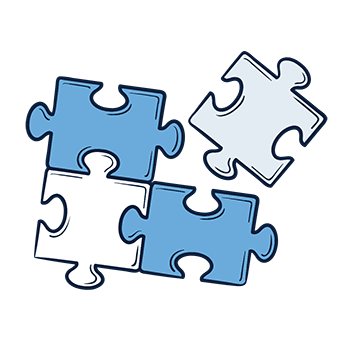 Four interlocking puzzle pieces, three blue and one white, set on a white background. 