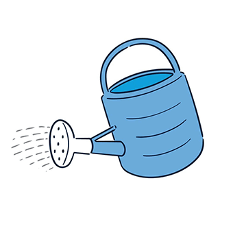 Illustration of a blue watering can with water pouring from the spout. The can has a simple design, conveying a gardening theme on a white background.
