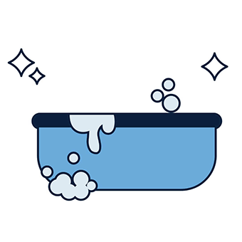 A simple illustration of a blue bathtub with soap suds overflowing, bubbles rising, and sparkling stars around it, conveying cleanliness and freshness.