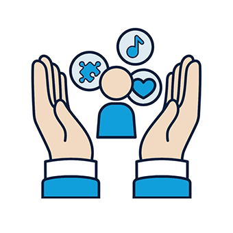 Two hands encircle an icon of a person with bubbles above showing a puzzle piece, music note, and heart, symbolizing support and nurturing creativity.