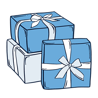 Three wrapped gifts are stacked, each in blue and light blue, with white ribbons. 