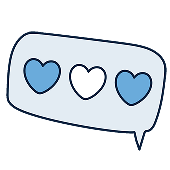 A speech bubble contains three heart icons: two blue hearts on the left and right, and a white heart in the center. 