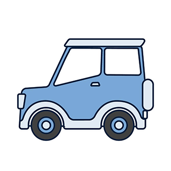 A simple illustration of a blue and white cartoon car with a boxy shape and oversized wheels on a white background, conveying a playful tone.